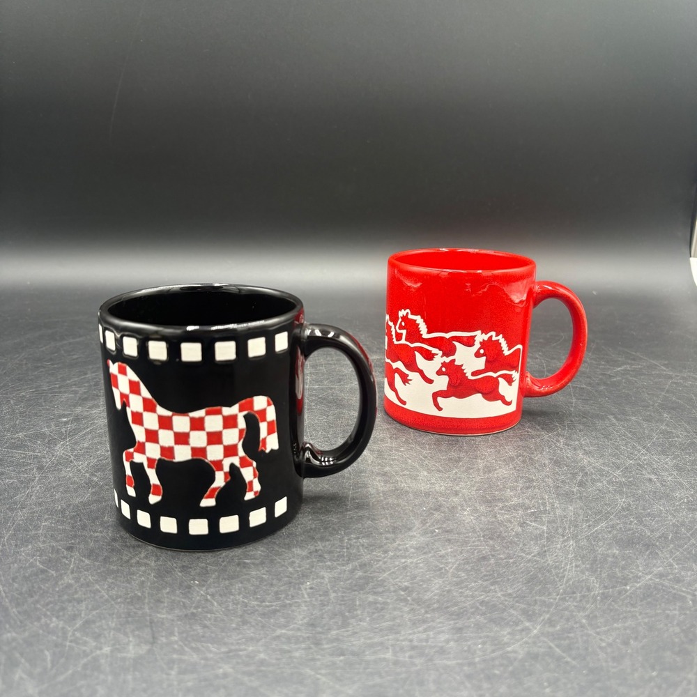 Vintage Waechtersbach West Germany Horse Mug Set Black Gear Red Galloping Horse